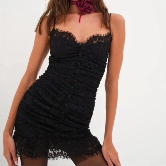 NWT For Love & Lemons Black Dress Samira Mini Dress Black Lace l Size 2X - Picture 1 of 5